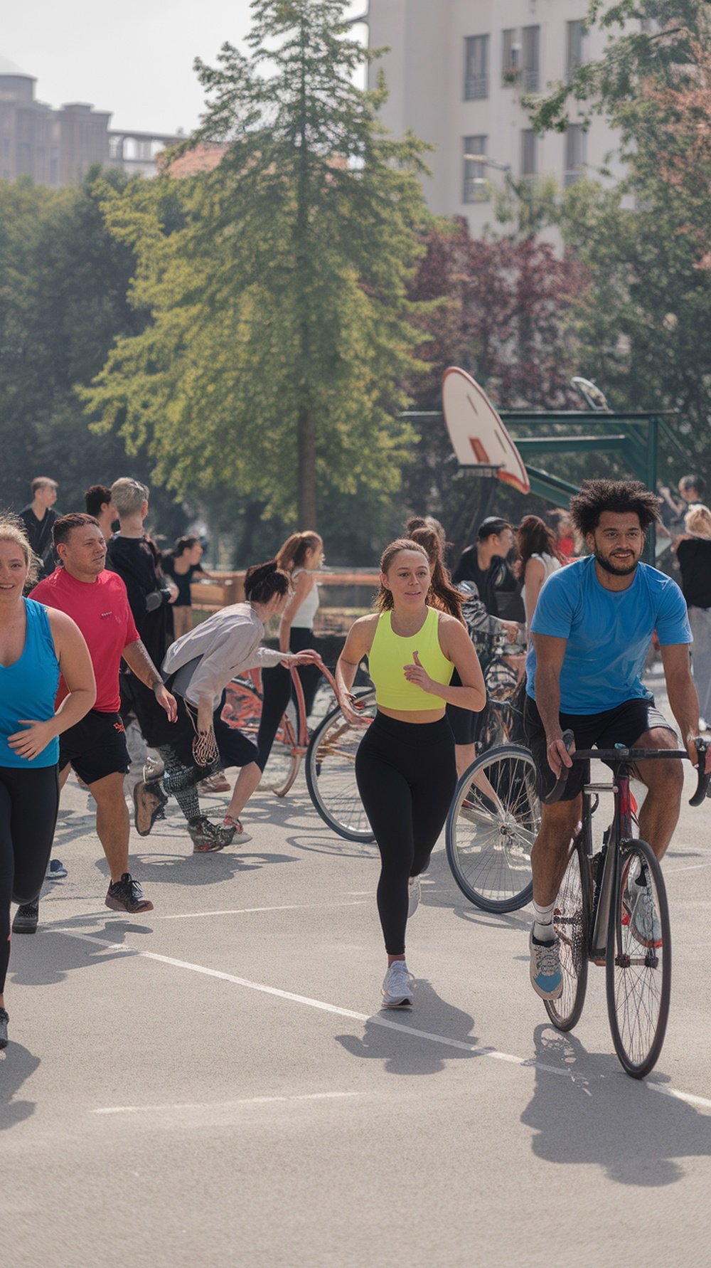 People jogging and biking in a park, promoting physical activity for gut health.