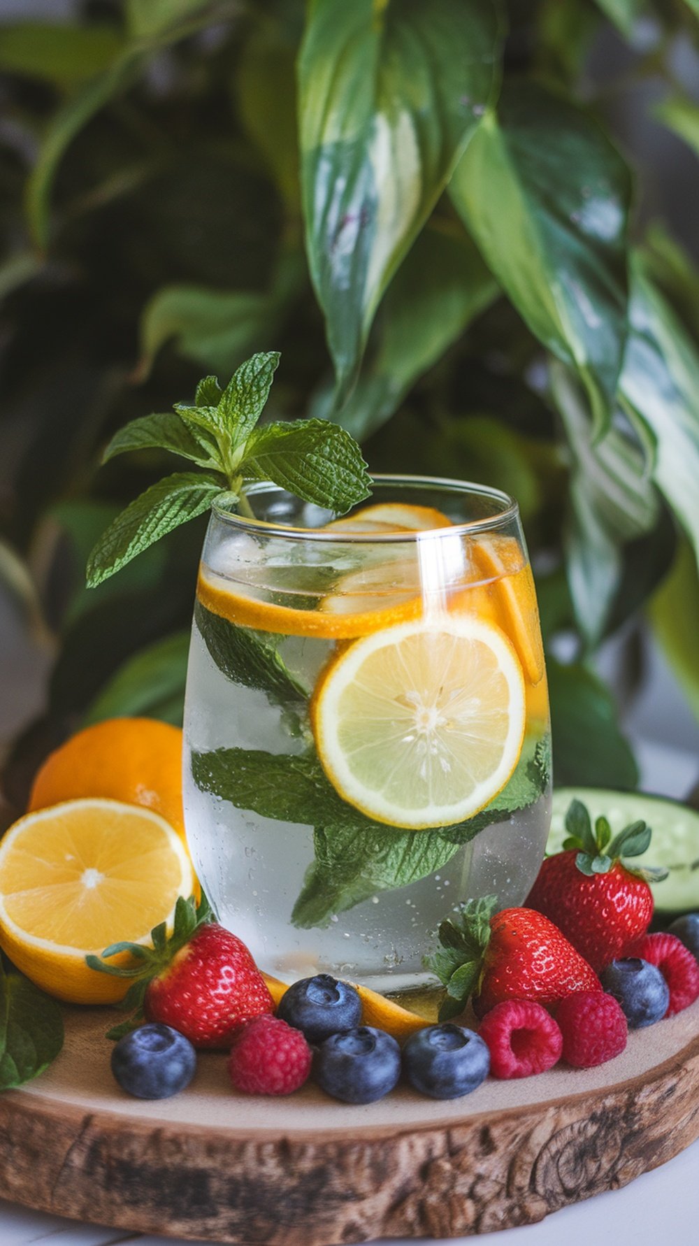 A refreshing drink with lemon slices, mint leaves, and mixed berries on a wooden platter.