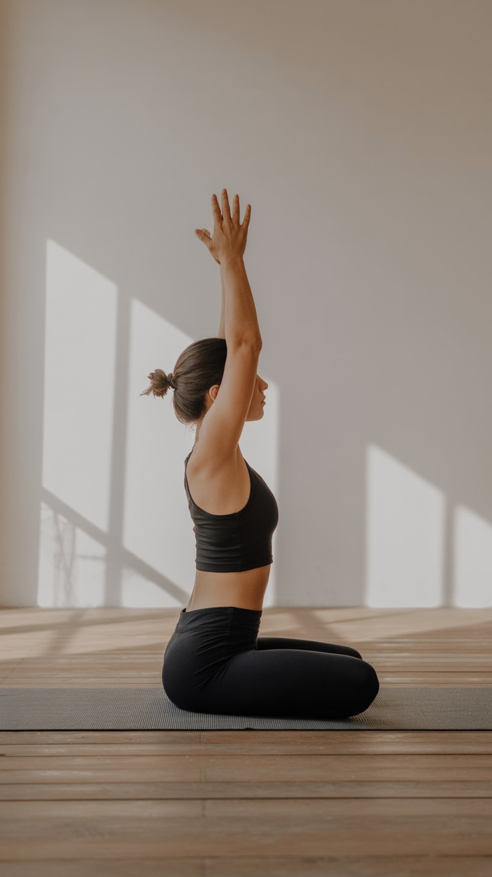 A person practicing yoga with one arm raised, sitting on a mat in a serene environment.