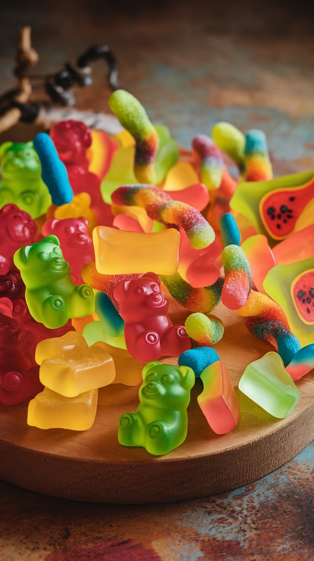A colorful assortment of gummy candies on a wooden platter.