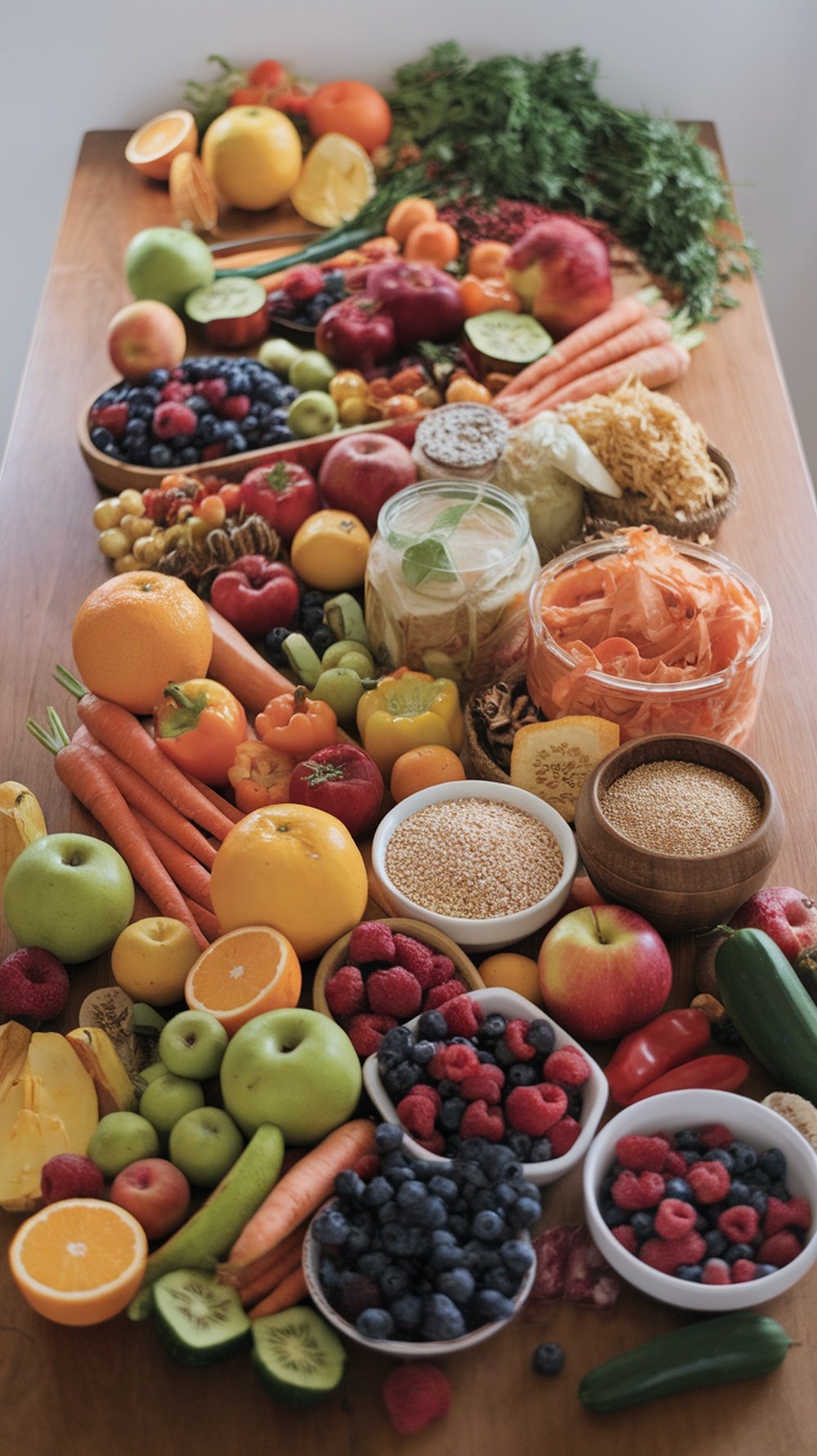 A colorful assortment of fruits, vegetables, and grains displayed on a wooden table, promoting gut health.