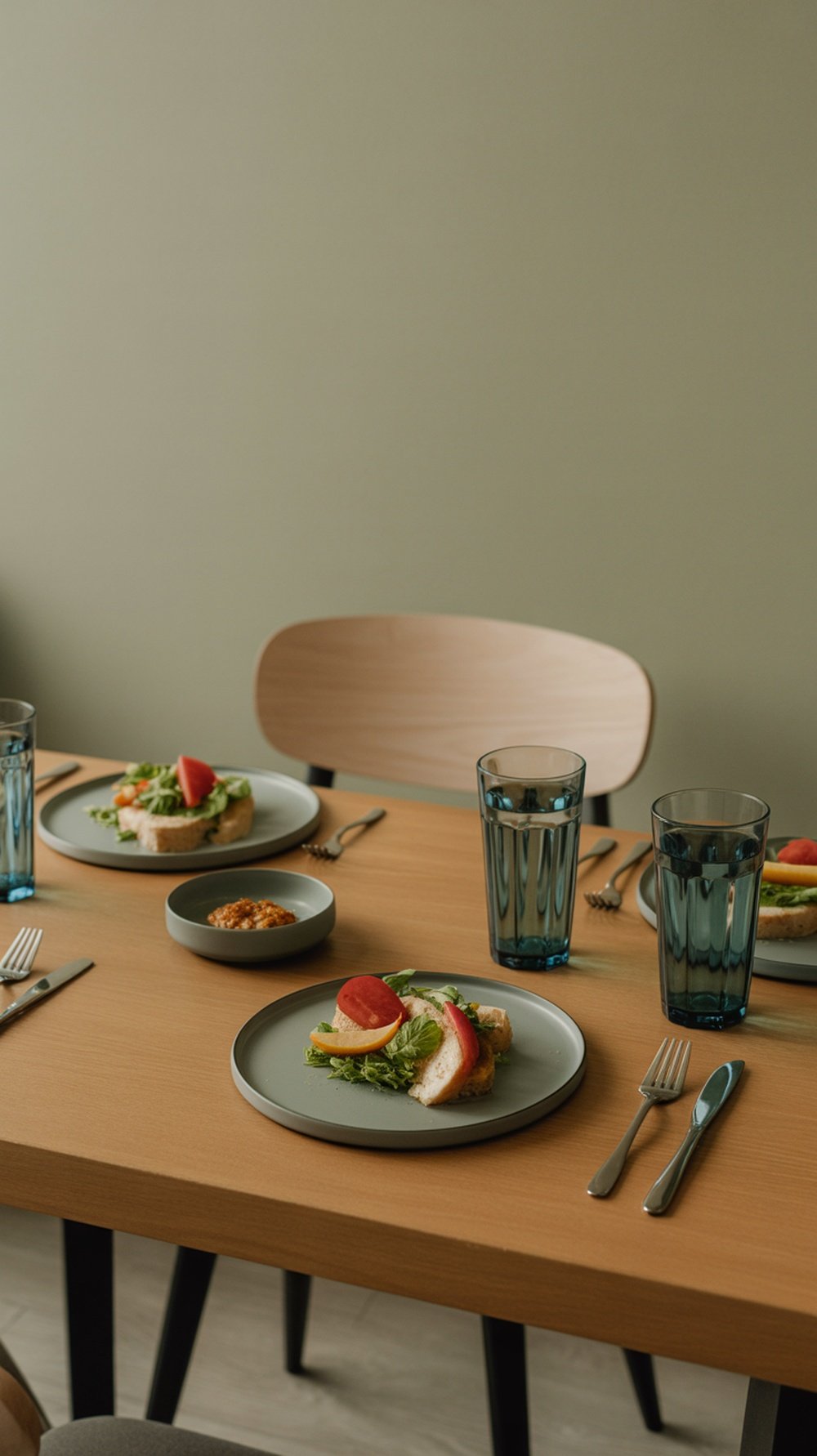 A beautifully arranged table with healthy food including colorful fruit and greens on plates, alongside refreshing drinks.