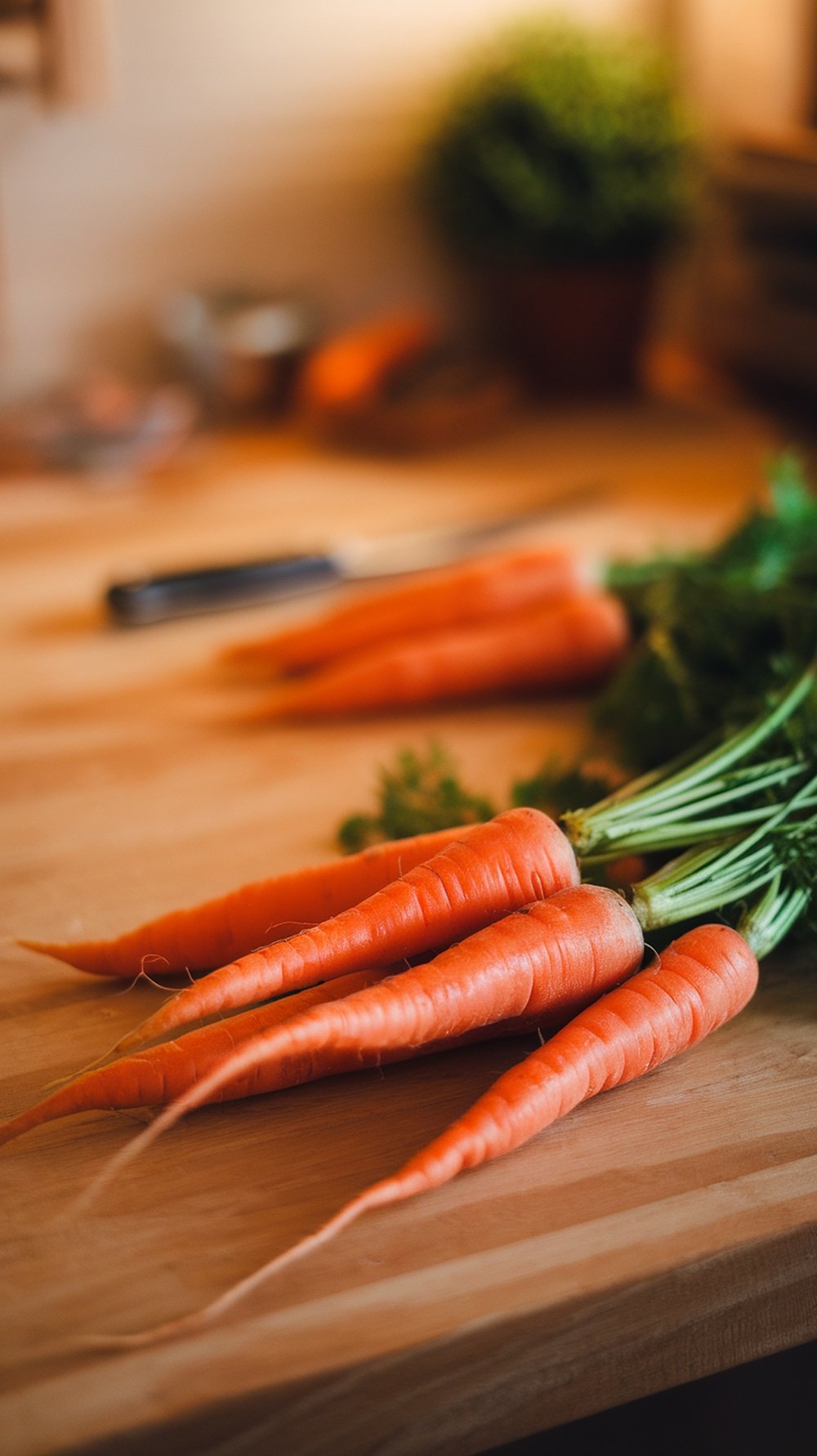 Fresh carrots on a wooden cutting board with a knife and a green plant in the background.
