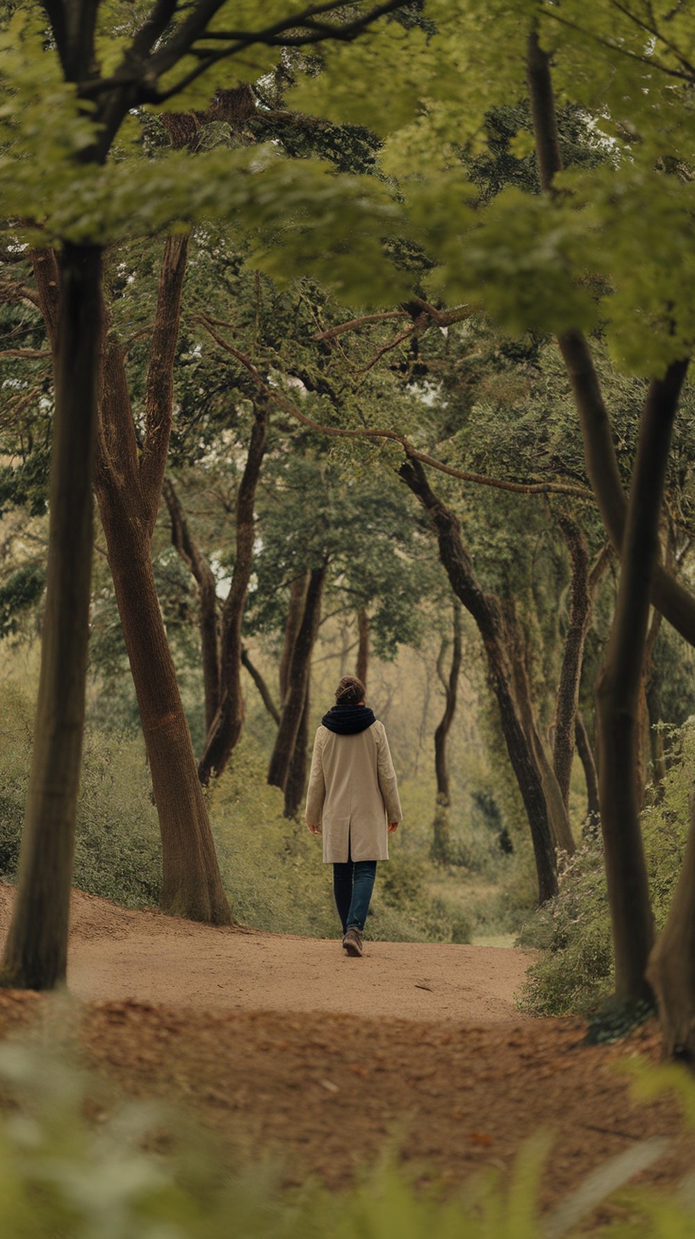 A person walking on a path through a forest, surrounded by trees and greenery.