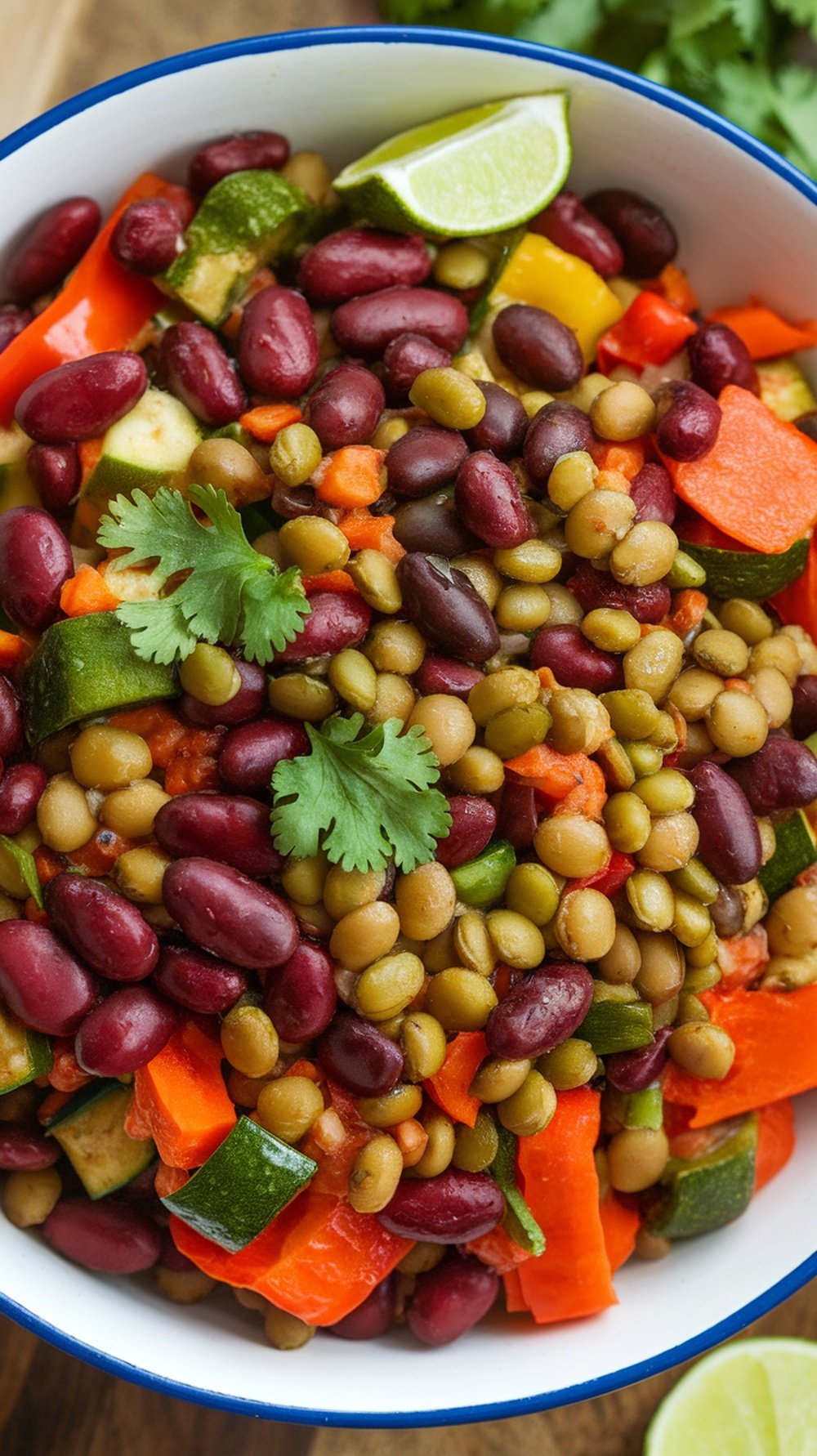 A colorful bowl of mixed beans, lentils, and vegetables, showcasing a high-fiber diet.