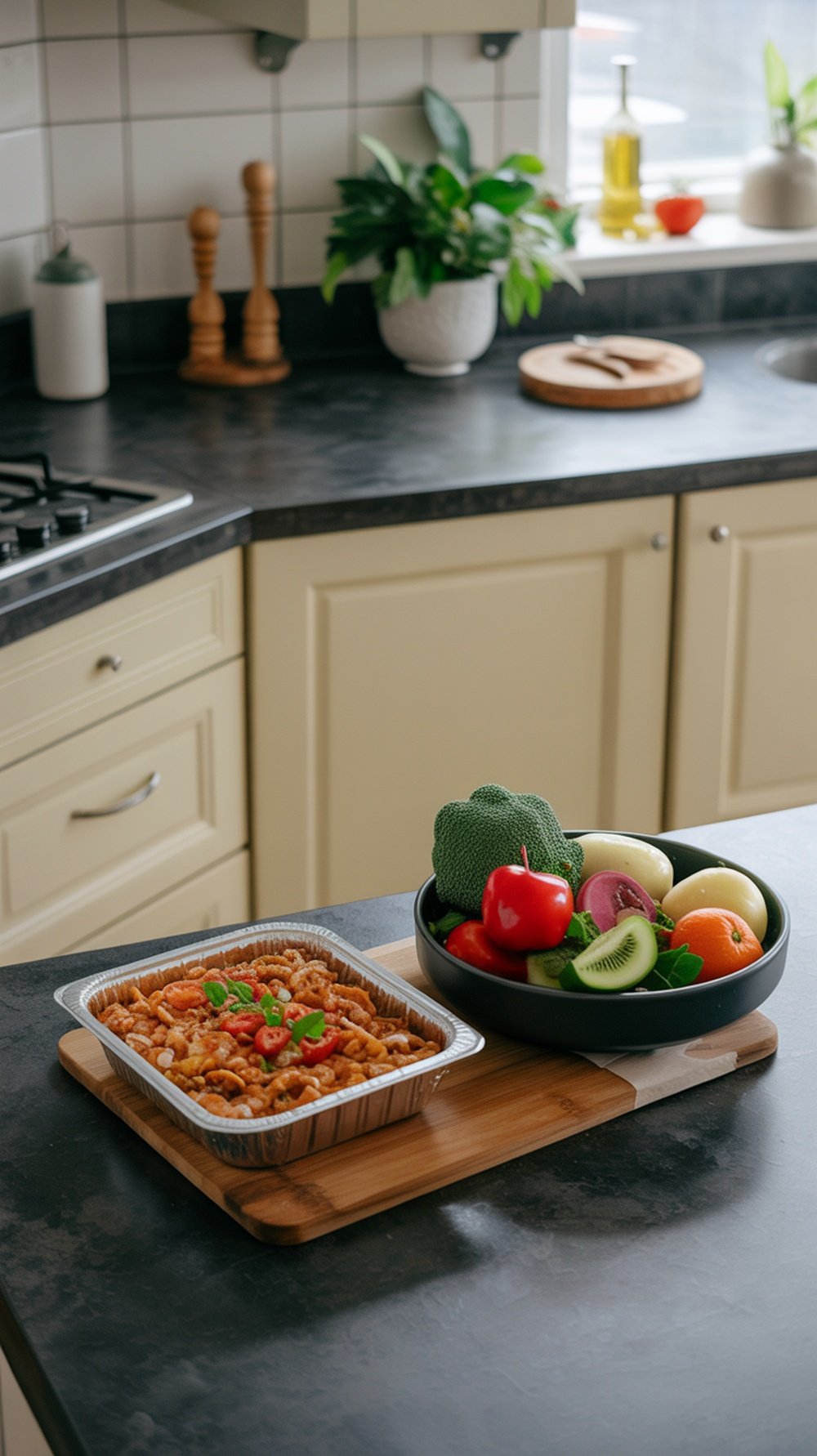 A kitchen countertop with a ready-made meal in a tray and a bowl of fresh fruits and vegetables, emphasizing the contrast between processed and whole foods.