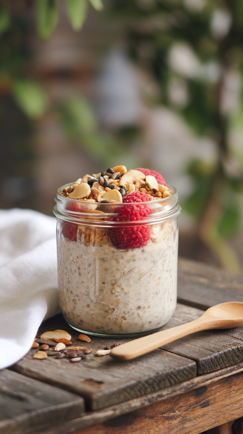 A jar of overnight oats topped with raspberries and a mix of nuts and seeds, placed on a wooden table.
