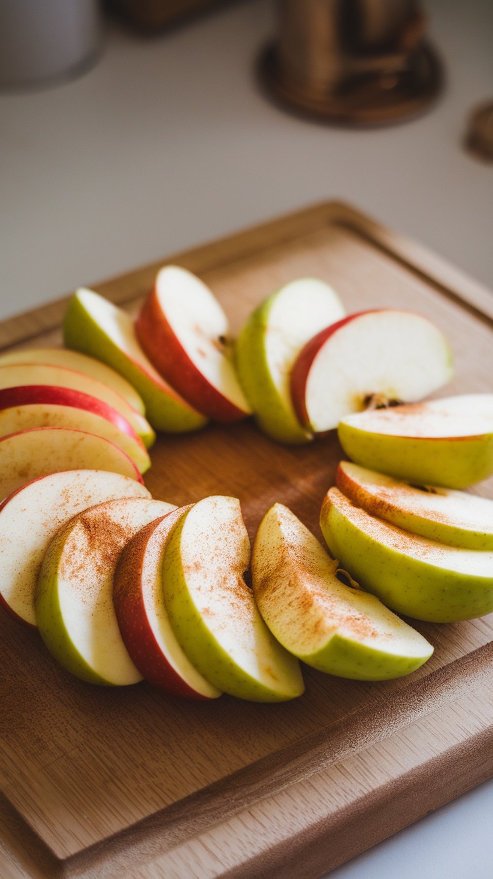 Apple slices with cinnamon arranged on a wooden cutting board