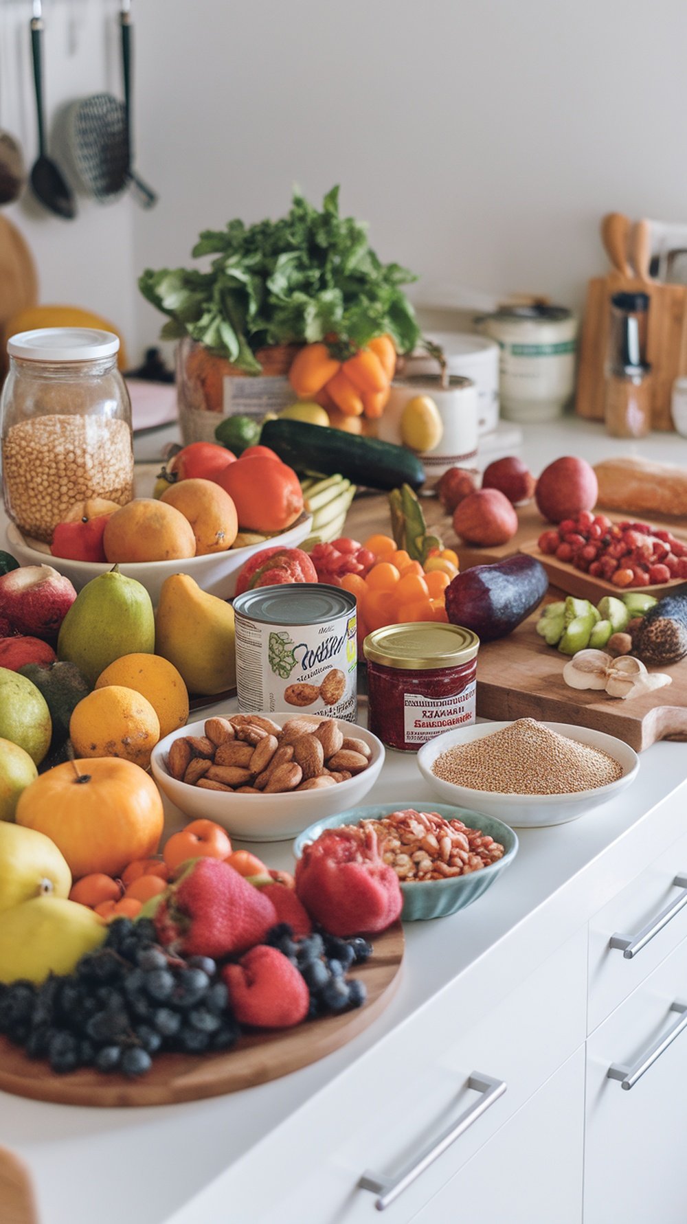 A variety of fresh fruits, vegetables, nuts, and grains displayed on a kitchen counter.