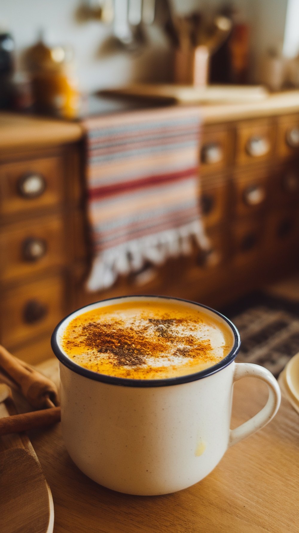 A cozy cup of turmeric golden milk topped with spices, sitting on a wooden table.