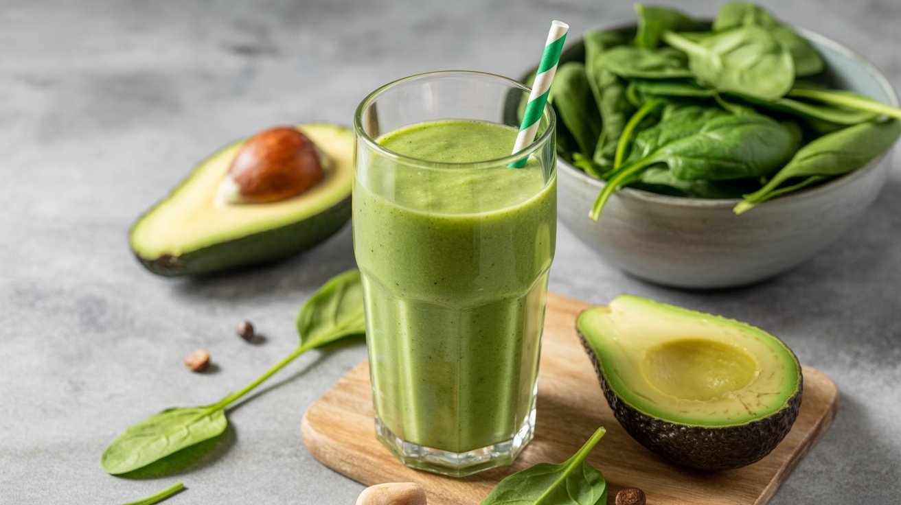 A creamy avocado and spinach smoothie in a glass, with fresh spinach and avocado halves in the background.
