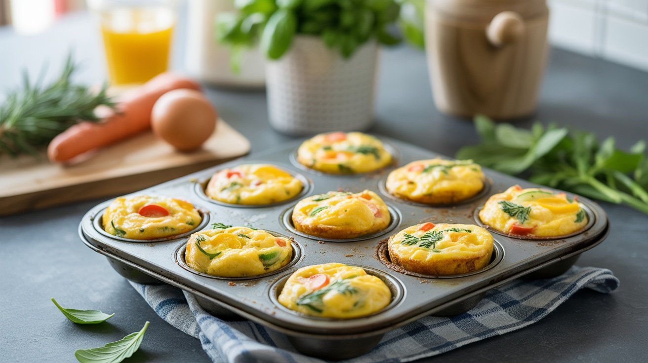A tray of herbed egg muffins with vegetables, fresh herbs, and ingredients like eggs and carrots in the background.