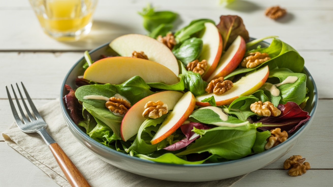 A fresh Apple and Walnut Salad with mixed greens, apple slices, and walnuts in a bowl.