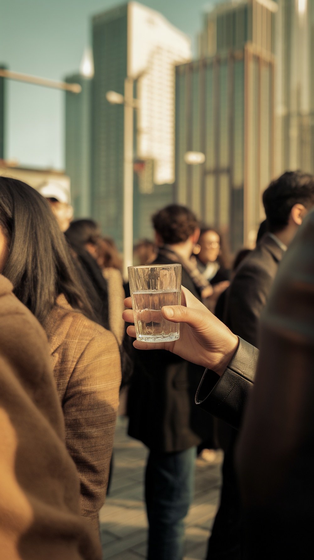 A person holding a glass of water in a crowded social setting.