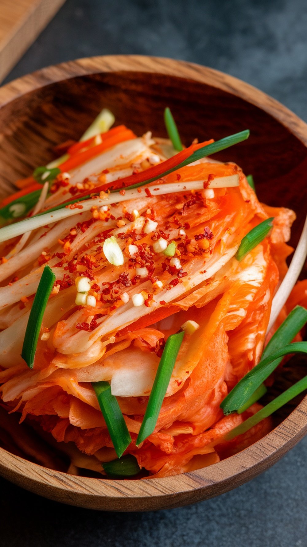 A bowl of kimchi with napa cabbage, radishes, and green onions, showcasing its vibrant colors.