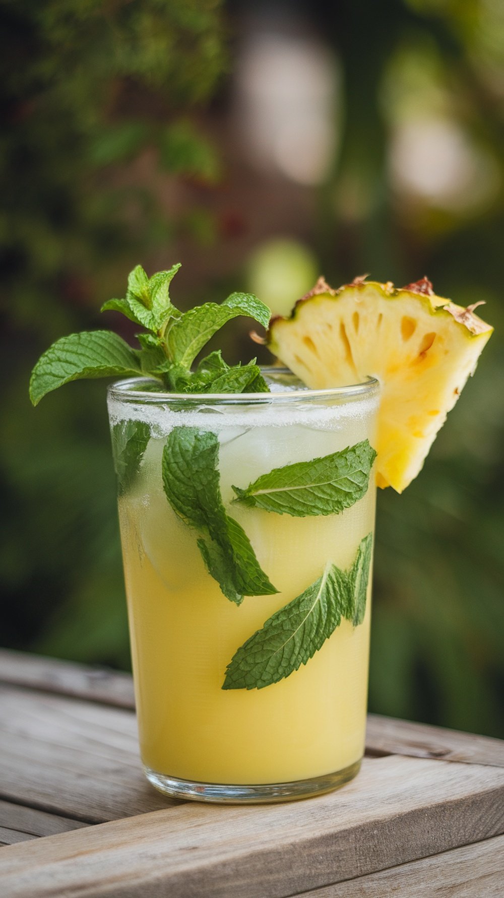 A refreshing glass of pineapple mint tonic garnished with mint leaves and a slice of pineapple.
