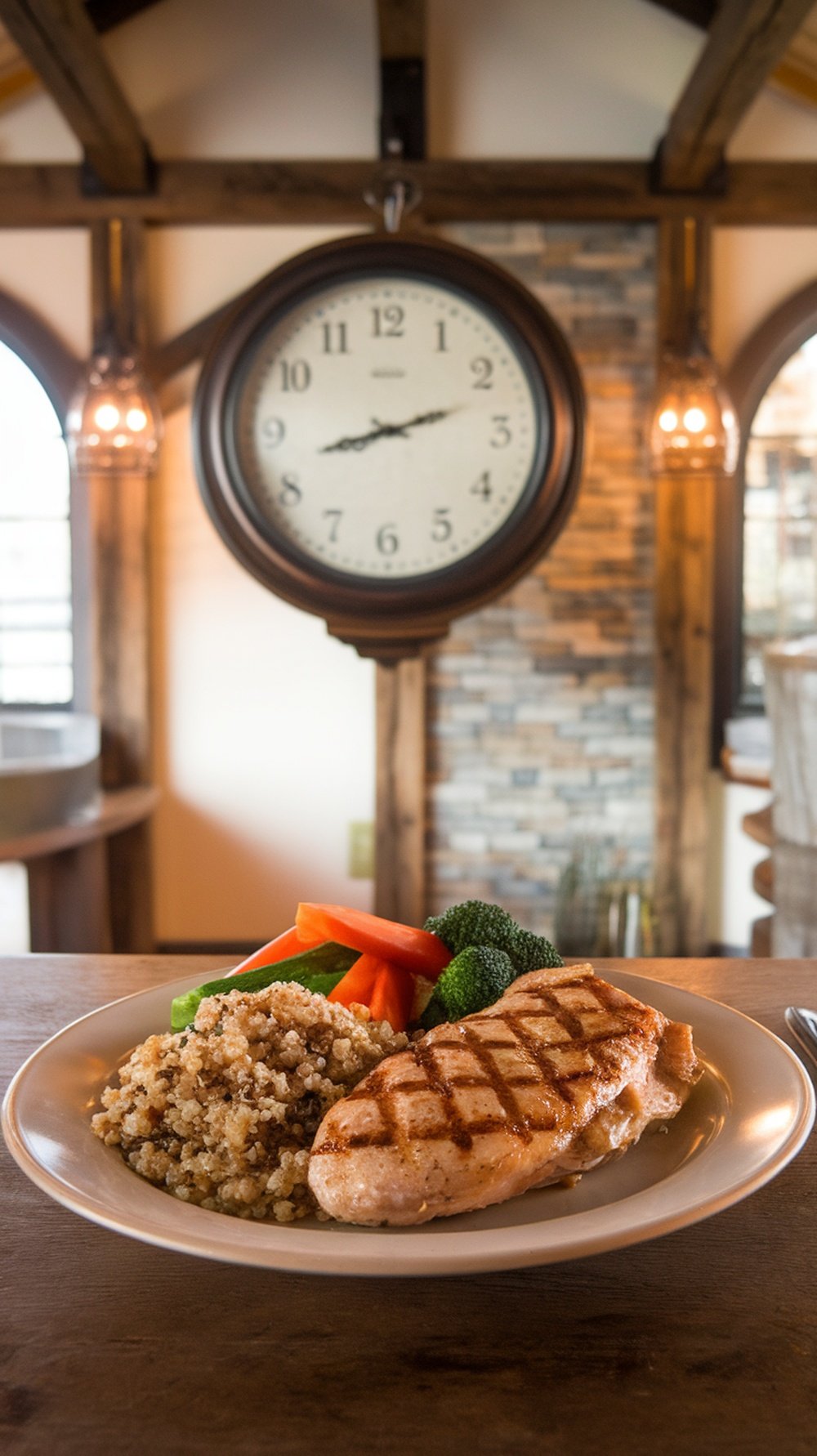 A plate of grilled salmon, quinoa, and vegetables with a clock in the background.