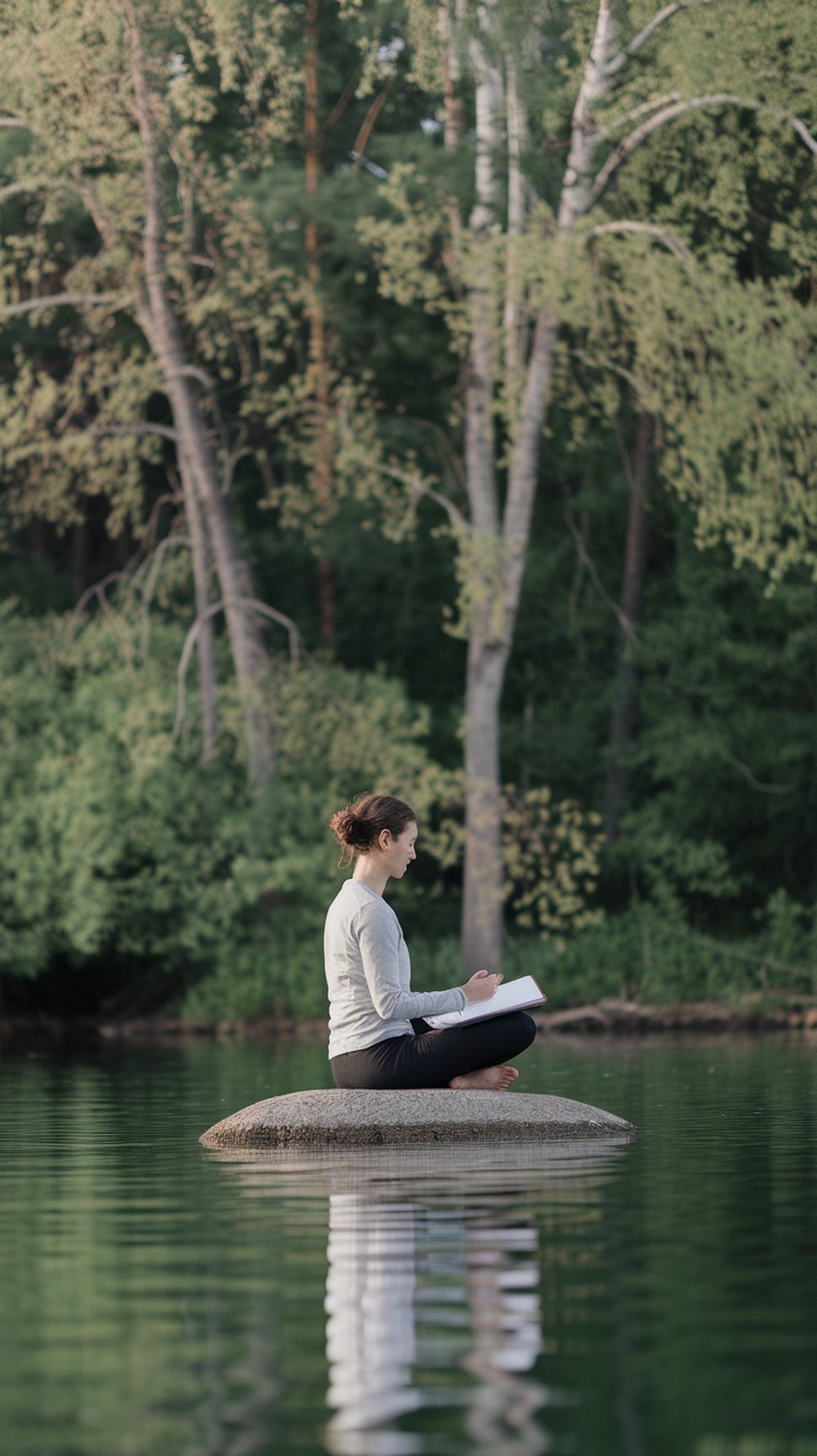 A person sitting on a rock in a calm body of water, writing in a notebook surrounded by trees.