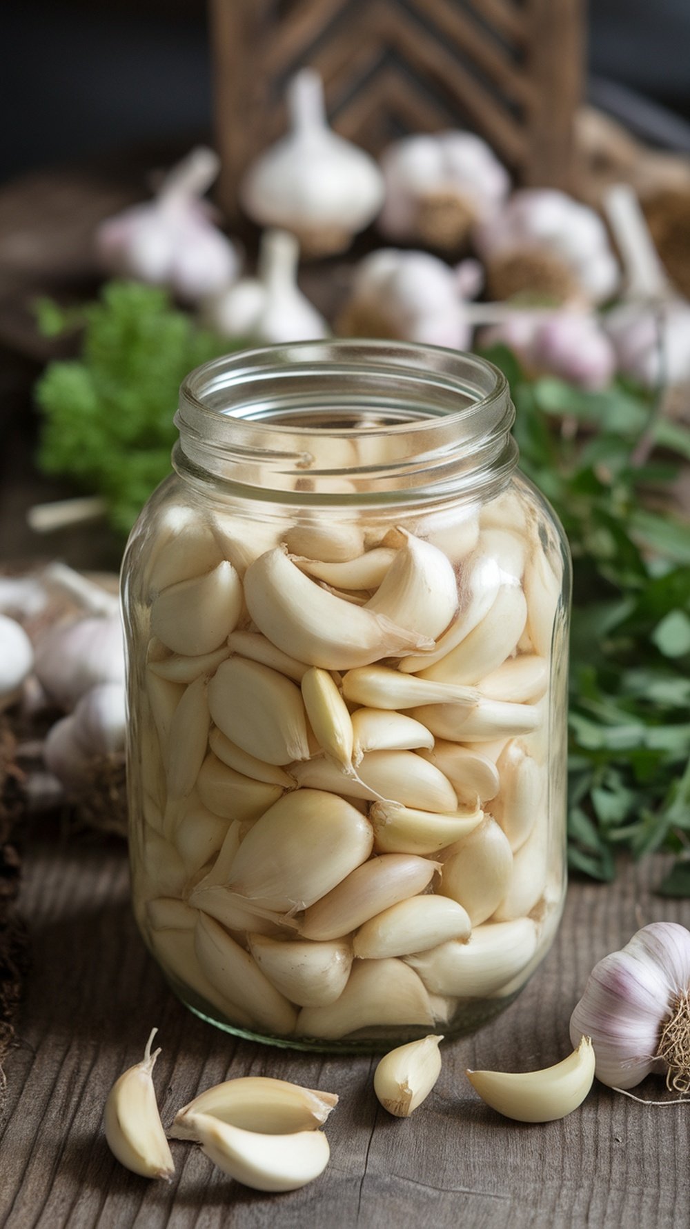 A jar filled with peeled garlic cloves, surrounded by fresh garlic bulbs and herbs.