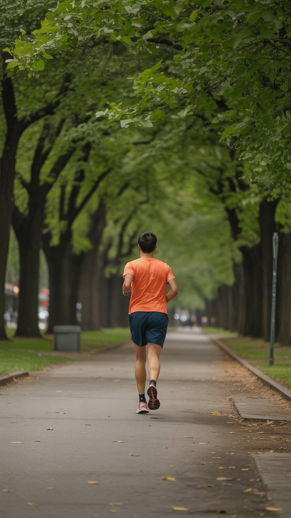 A person jogging along a tree-lined path, promoting physical activity for gut health.