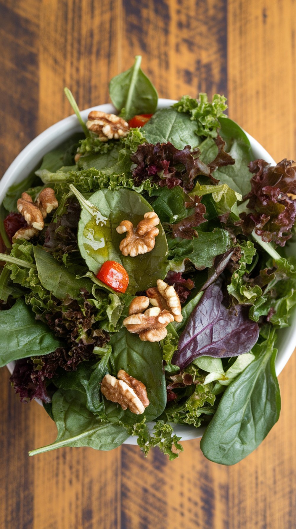 A bowl of mixed leafy greens with walnuts and red pepper on a wooden table.