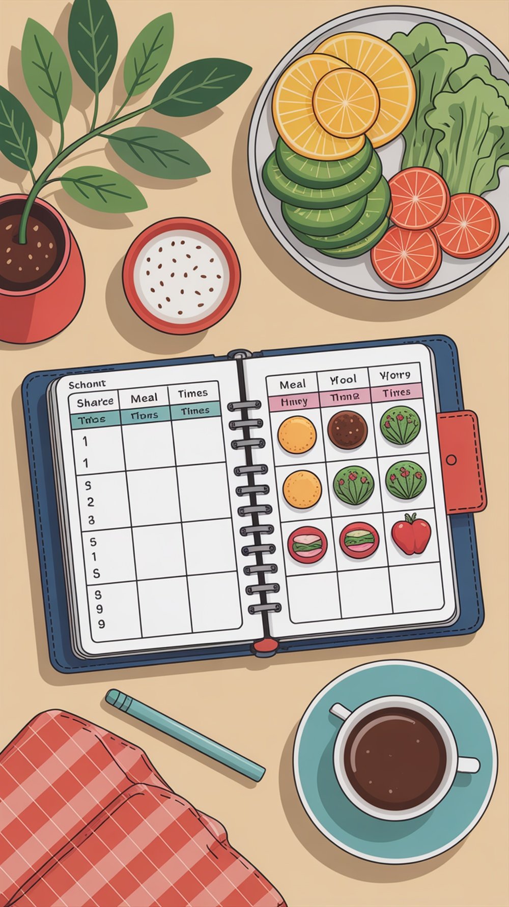 A colorful meal planner with fresh fruits and vegetables, a cup of coffee, and a plant.