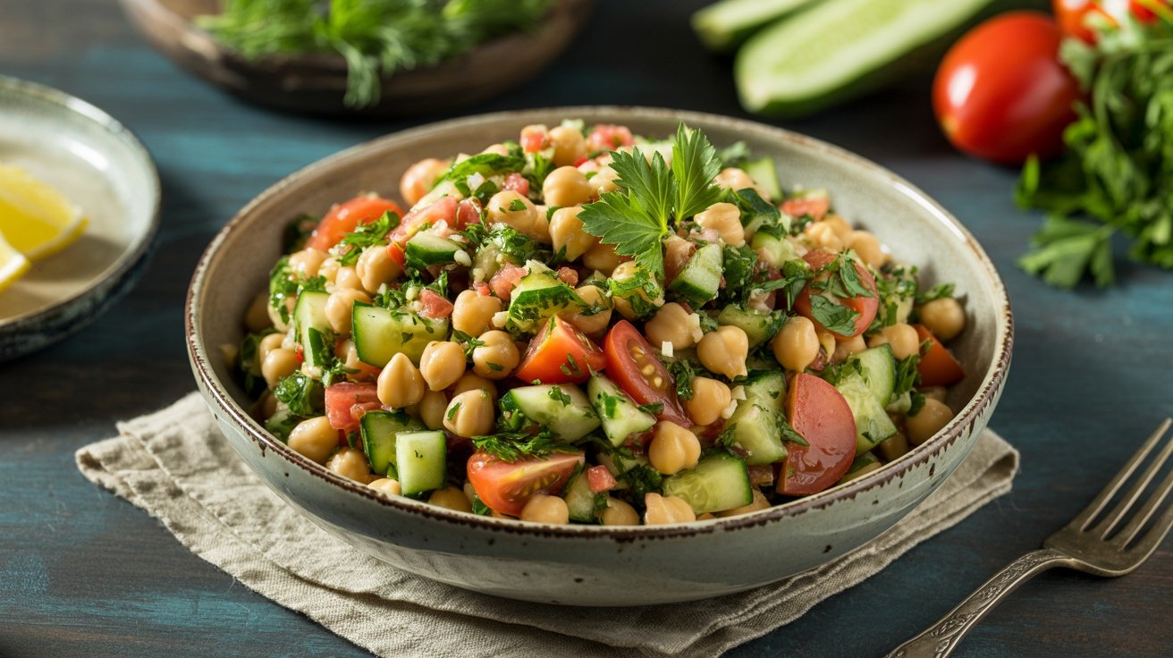 A bowl of chickpea and cucumber tabbouleh salad with fresh herbs and vegetables.