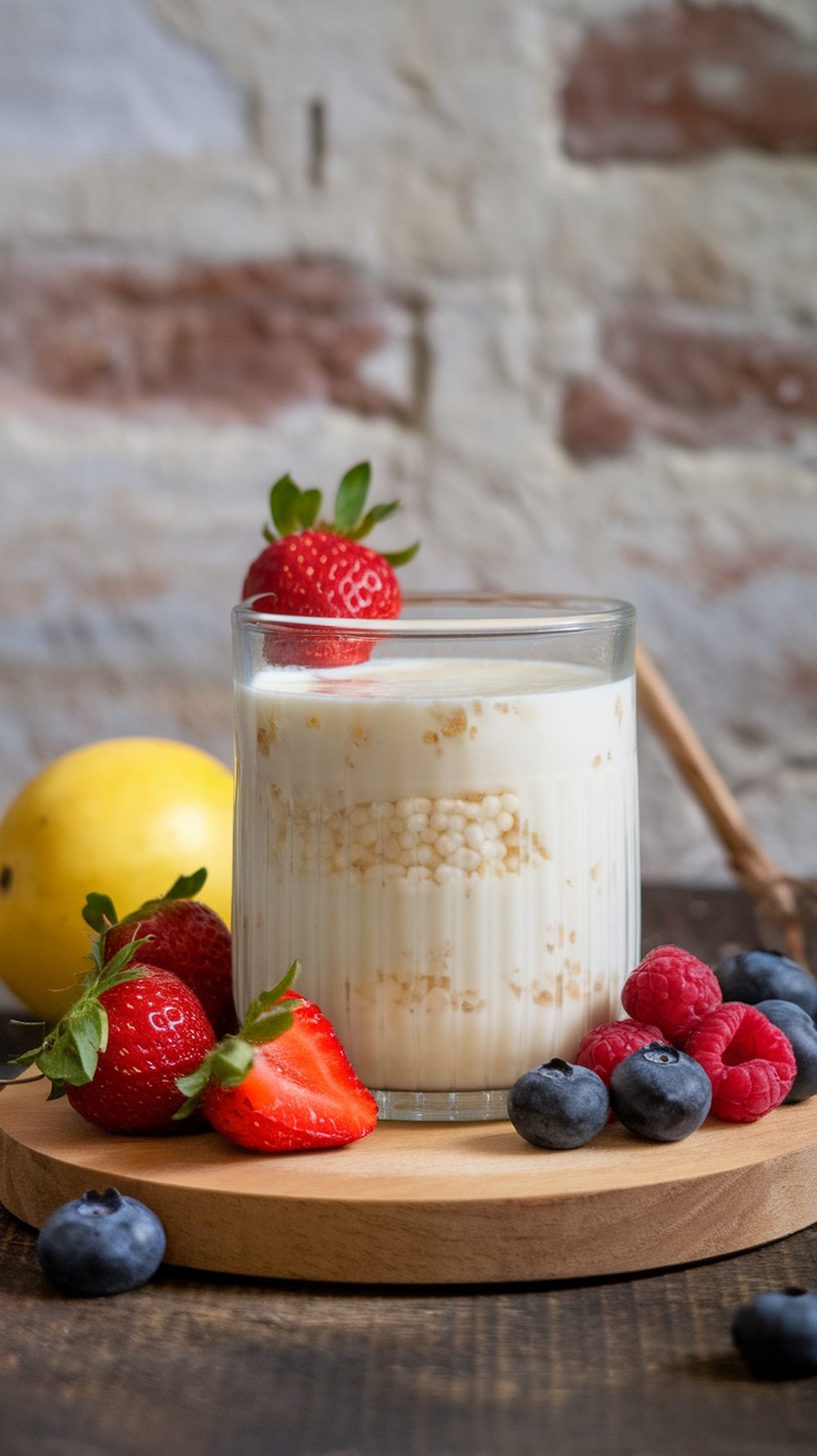 A glass of kefir with strawberries, blueberries, and raspberries on a wooden board.