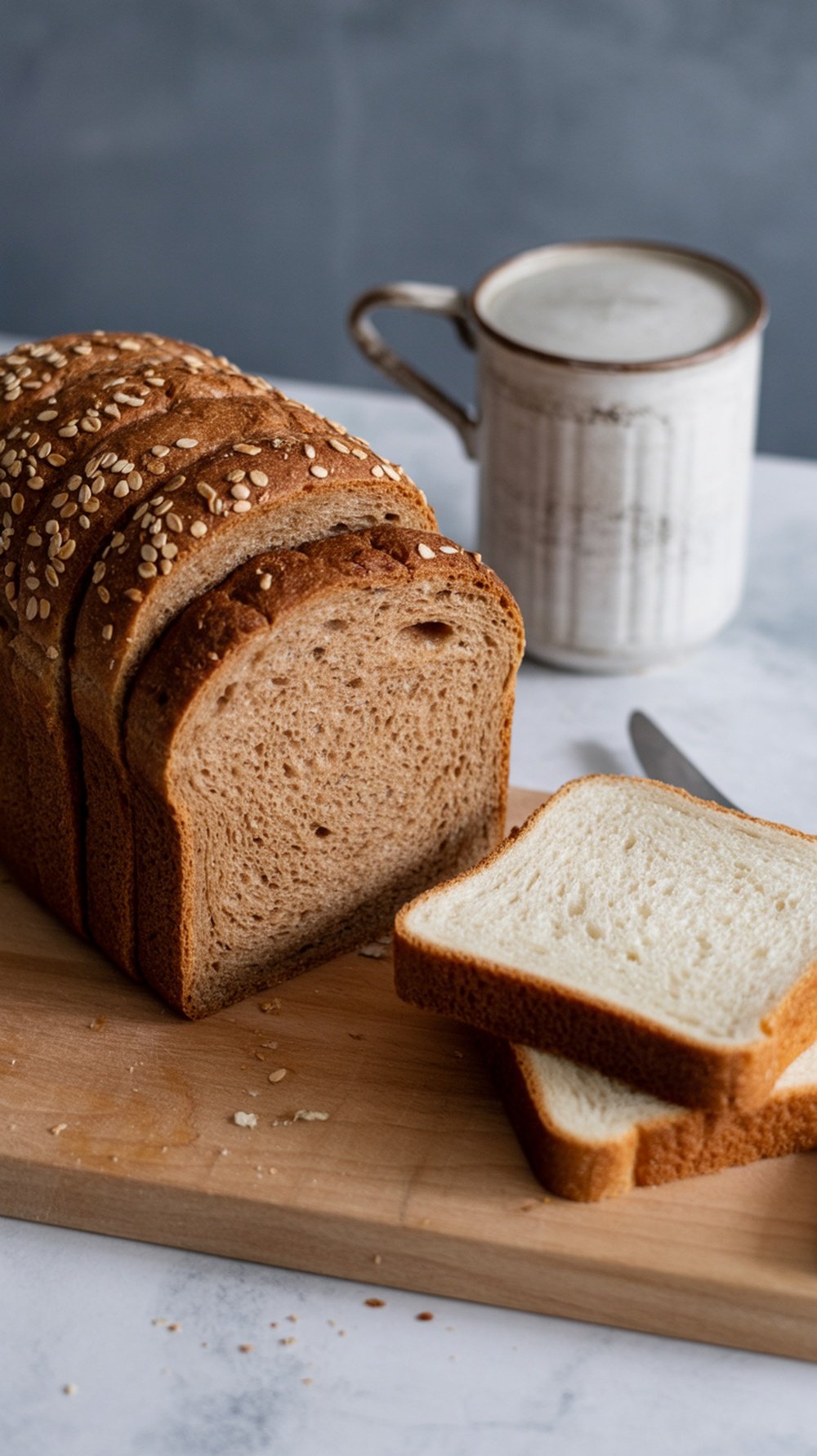 A loaf of whole grain bread with sesame seeds, sliced, next to a cup of coffee.
