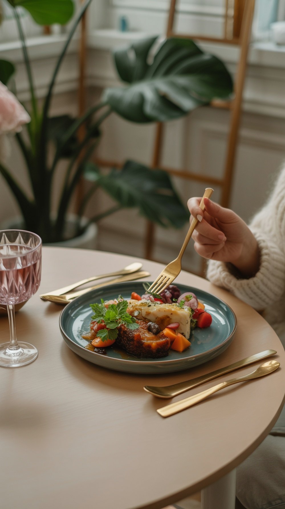 A person enjoying a colorful and healthy meal at a table with a glass of pink drink.