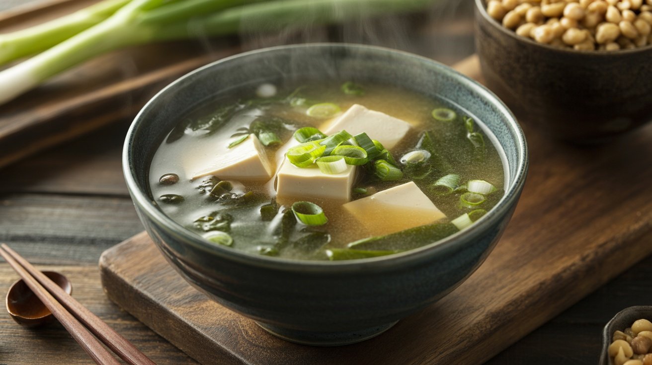 A bowl of miso soup with tofu and greens, garnished with green onions, on a wooden table.