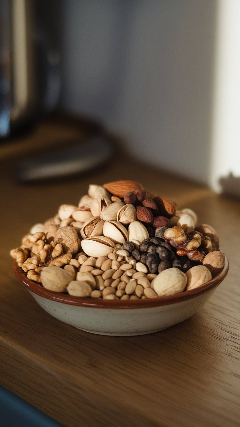 A bowl filled with a variety of nuts and seeds, showcasing their diverse textures and colors.