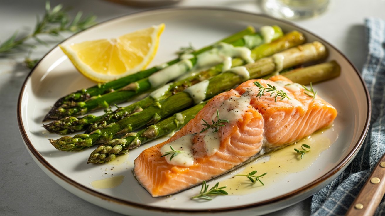 Baked salmon fillet served with asparagus and lemon slices on a plate.