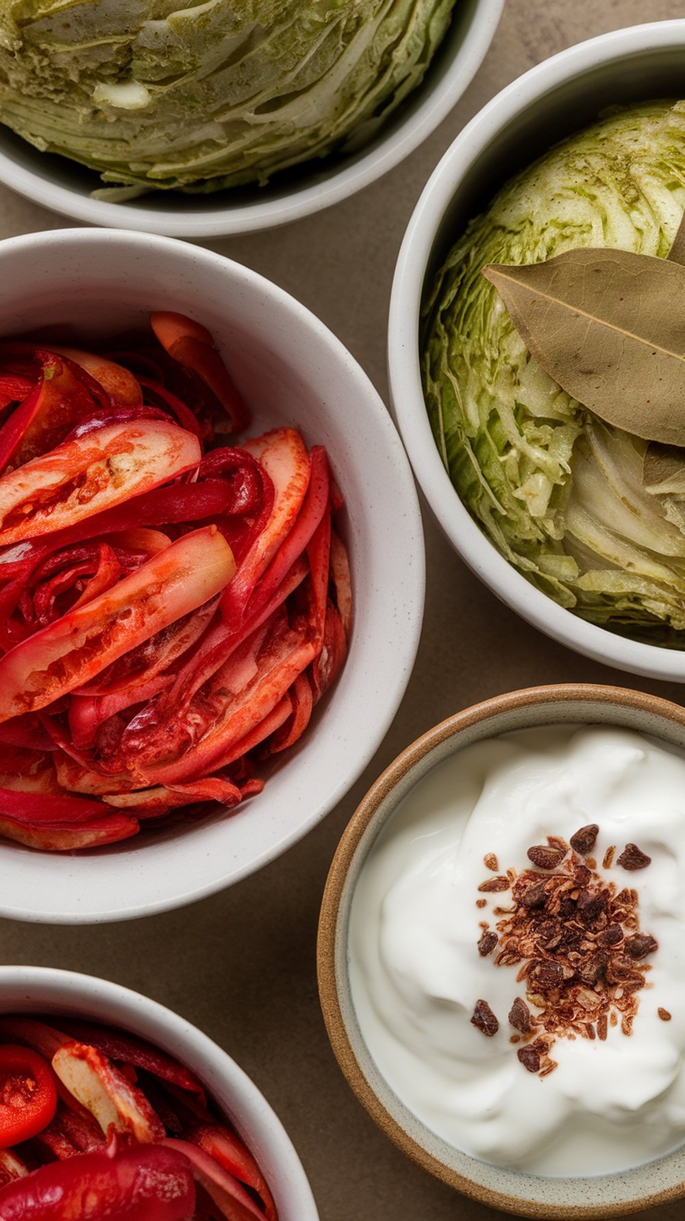 A variety of fermented foods including red peppers, cabbage, and yogurt in bowls.