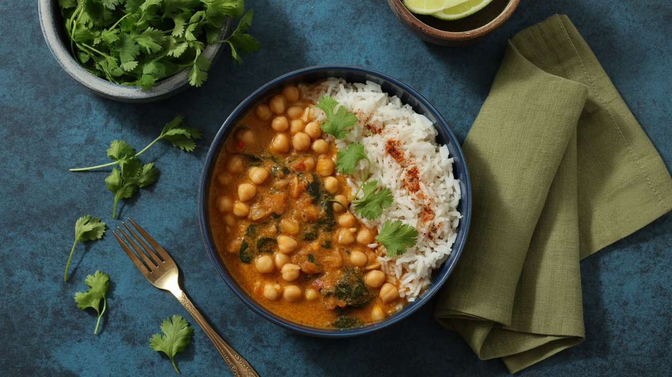A bowl of Chickpea and Spinach Curry served with rice and garnished with cilantro