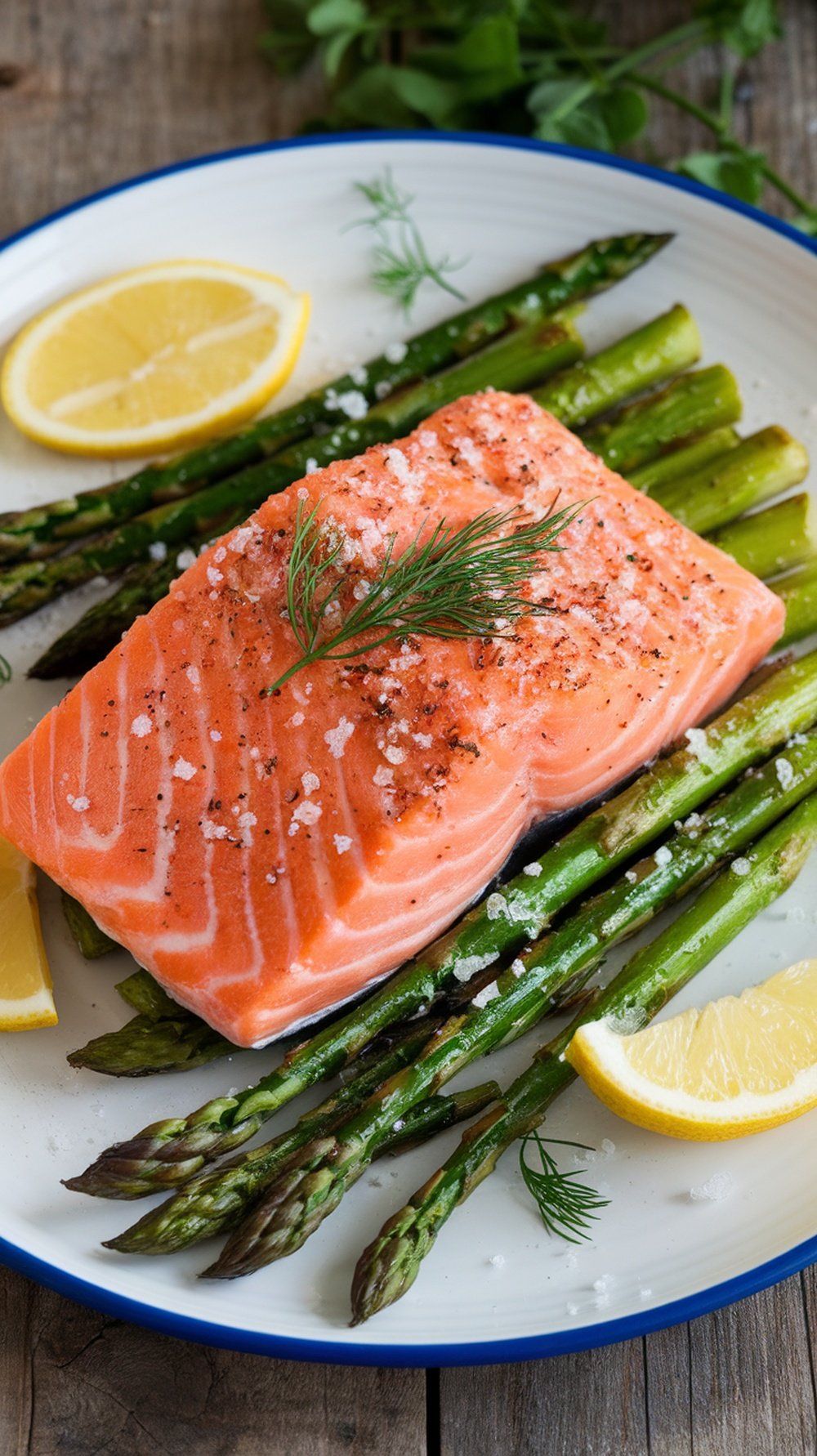 Baked salmon fillet on a plate with asparagus and lemon wedges