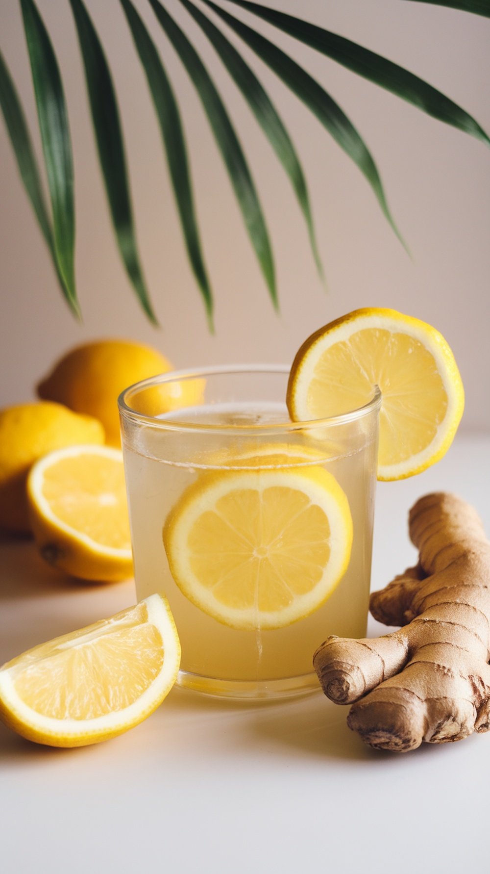 A refreshing Lemon Ginger Detox Drink with lemon slices and ginger root