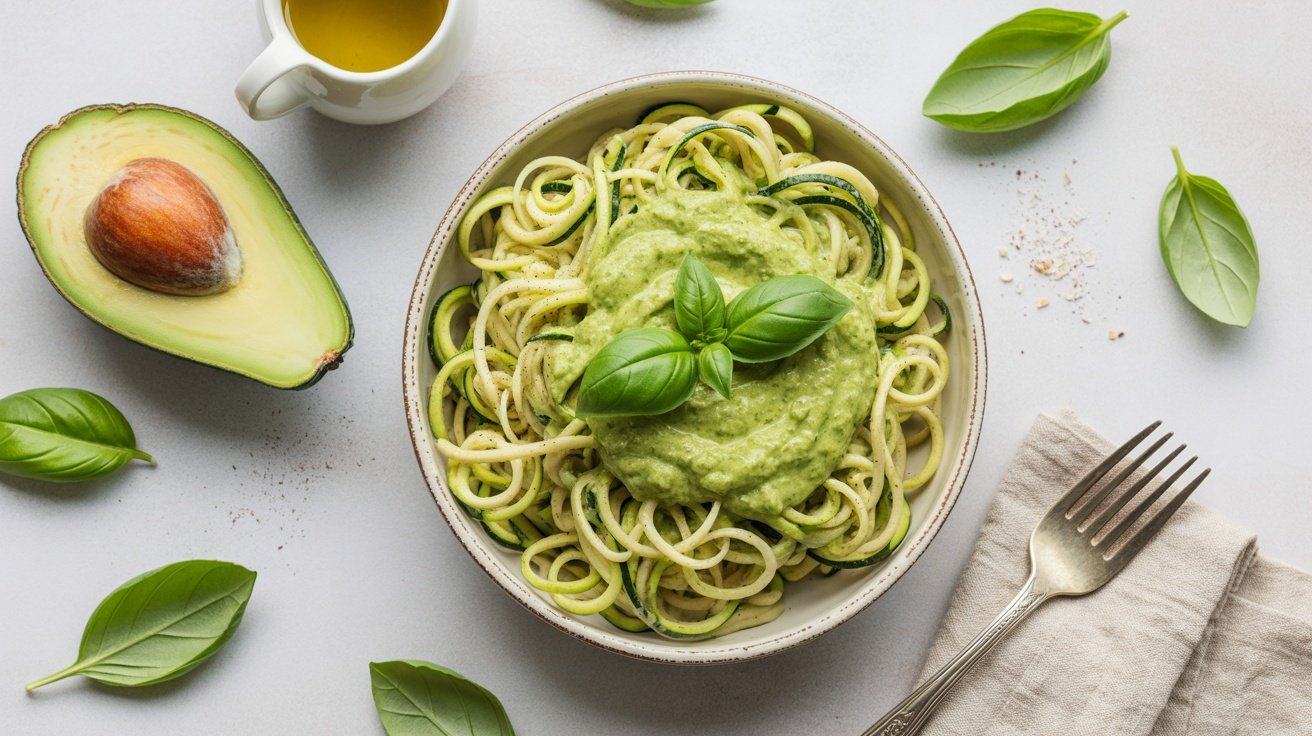 A bowl of zucchini noodles topped with avocado pesto, fresh basil leaves, and a side of olive oil.