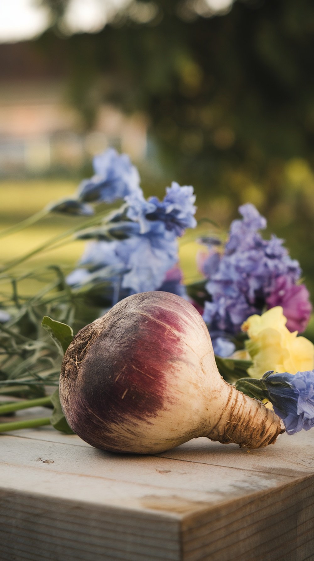 Chicory root on a wooden surface with colorful flowers in the background