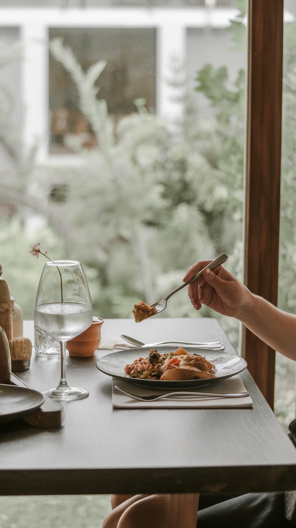 A person enjoying a meal at a table, holding a fork with a plate of food in front of them.