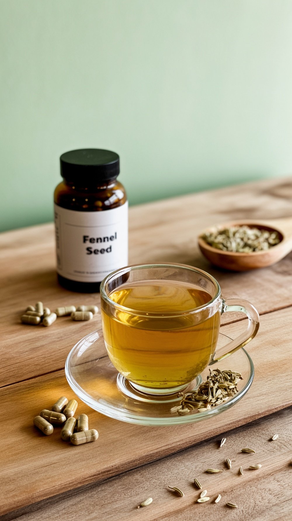 A cup of fennel seed tea, fennel seed capsules, and loose fennel seeds on a wooden tray.