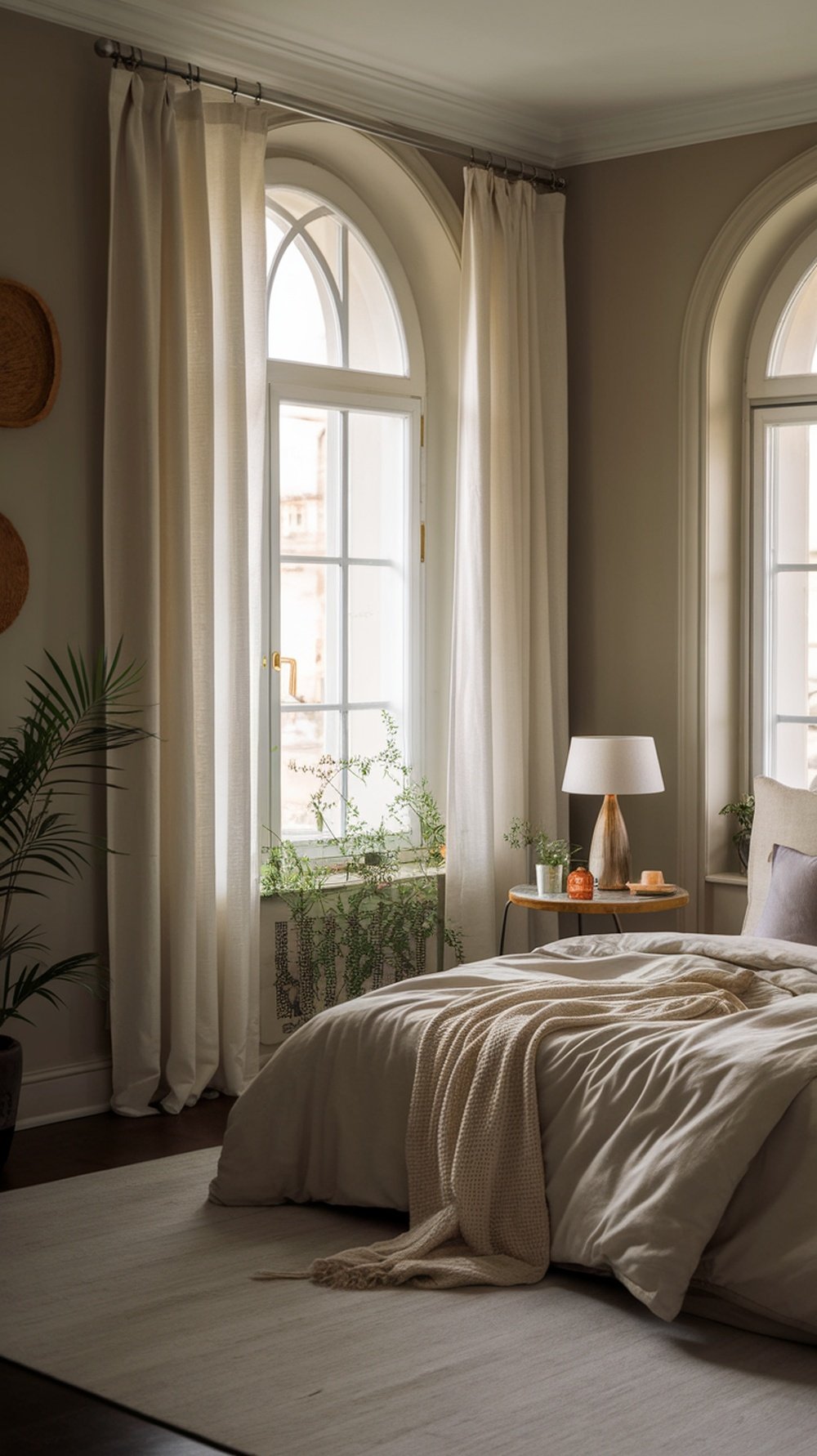A cozy bedroom with natural light, soft bedding, and plants, promoting a peaceful sleep environment.