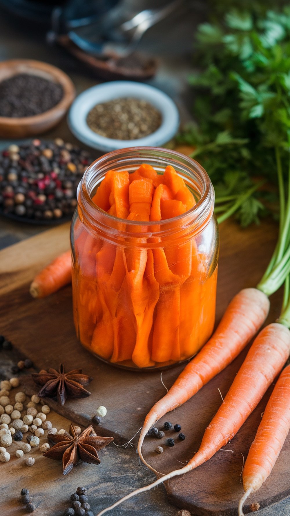 A jar of fermented carrots surrounded by spices and fresh carrots.
