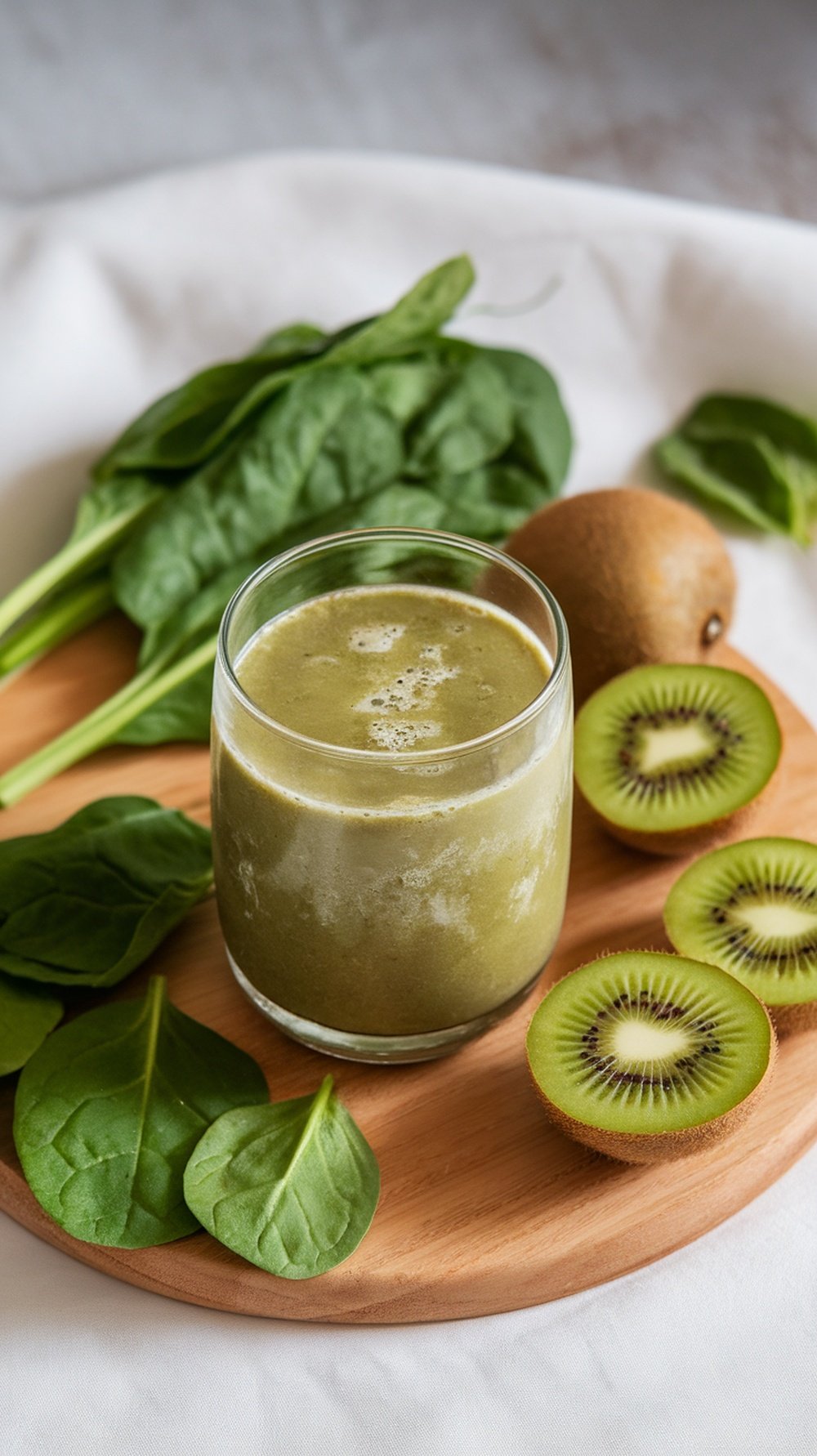 A glass of spinach and kiwi green detox juice surrounded by fresh spinach leaves and sliced kiwi on a wooden board.