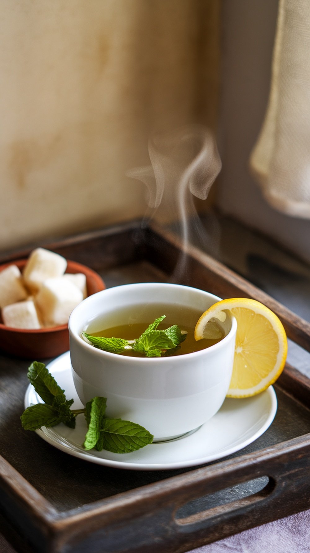 A steaming cup of green tea with mint and lemon on a wooden tray