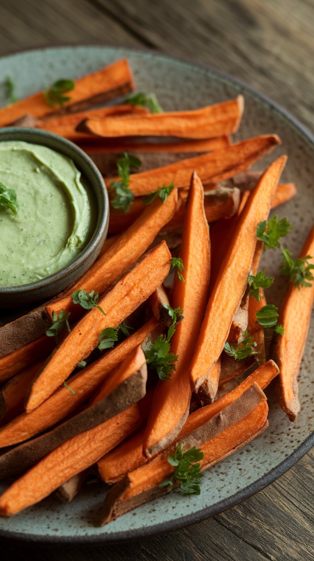 A plate of sweet potato fries served with a green dip, garnished with fresh herbs.