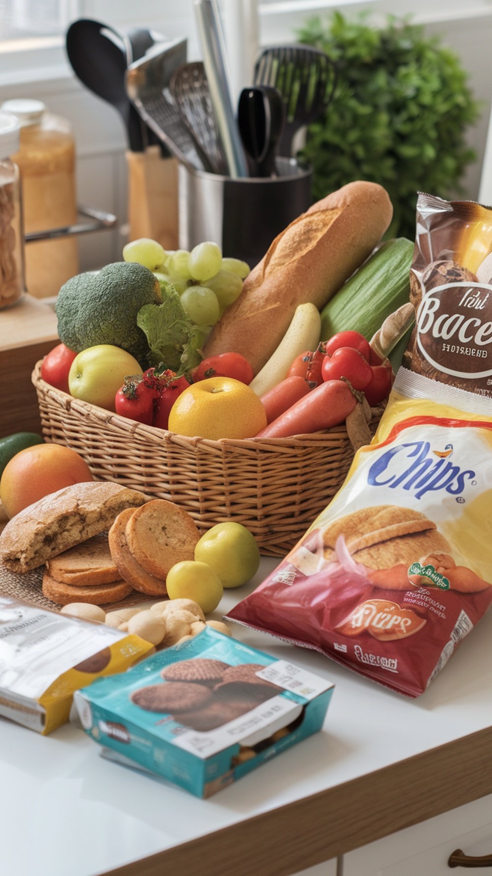 A basket filled with fresh fruits and vegetables next to processed snacks, illustrating the contrast between whole foods and processed foods.