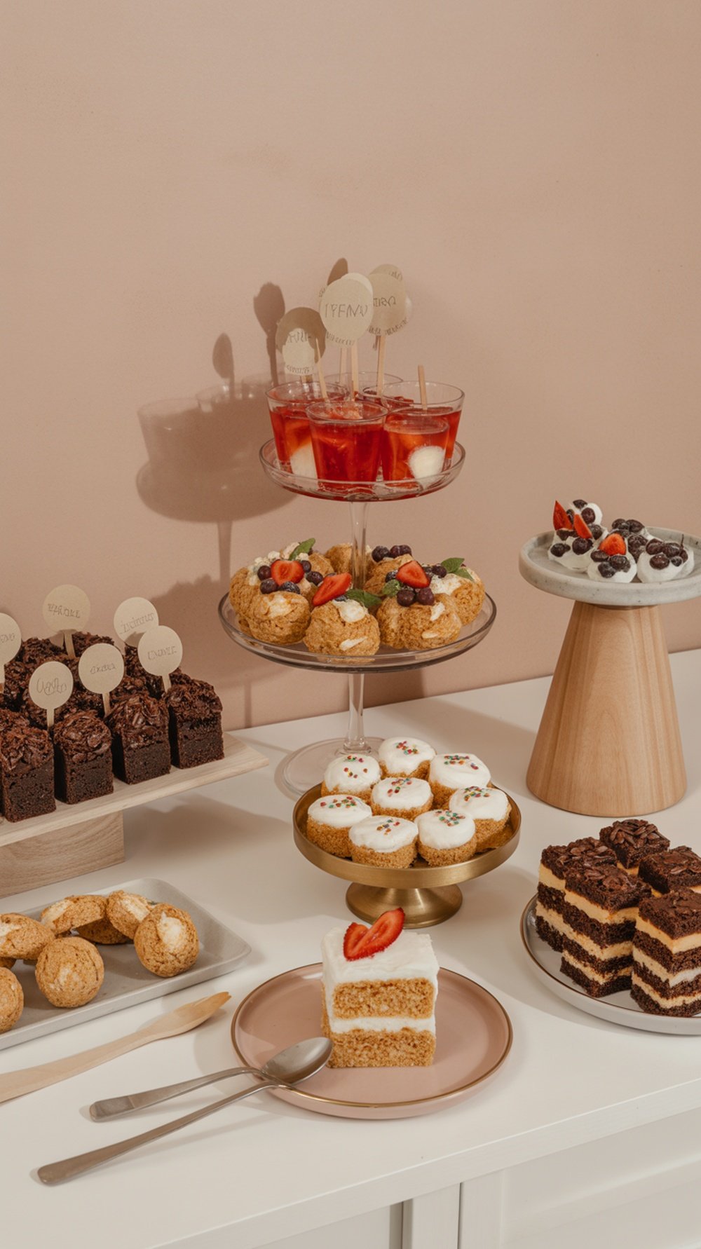 A variety of desserts and drinks displayed on a table, including cakes, brownies, and colorful beverages.