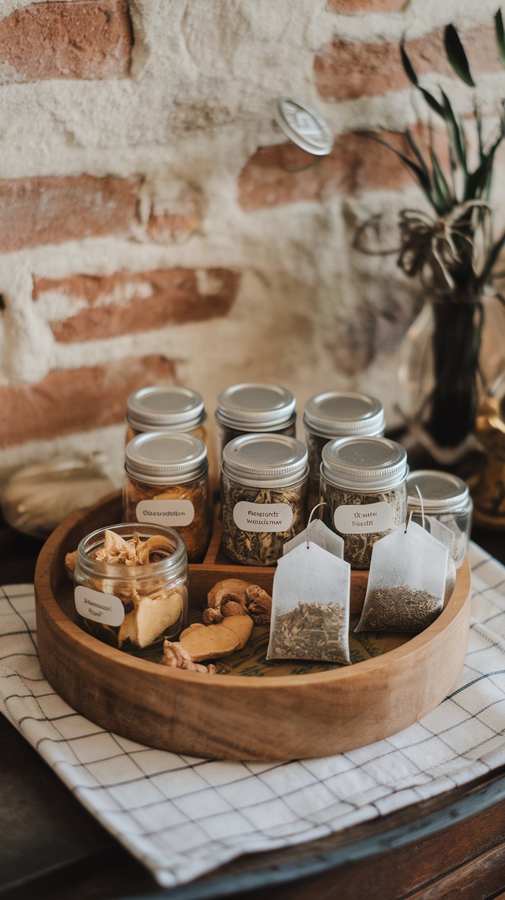 A wooden tray filled with jars of herbs and tea bags, showcasing various ingredients for herbal teas.