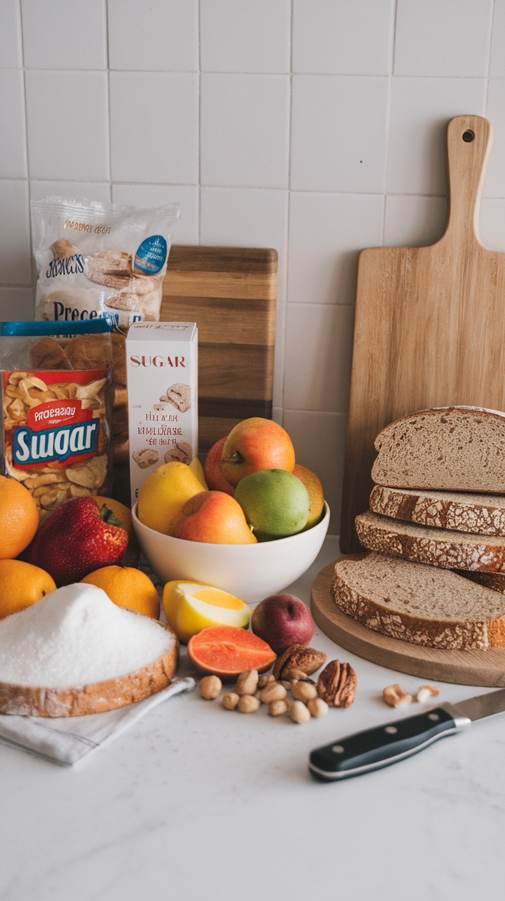 A variety of foods including fruits, sugar, and bread arranged on a kitchen counter.